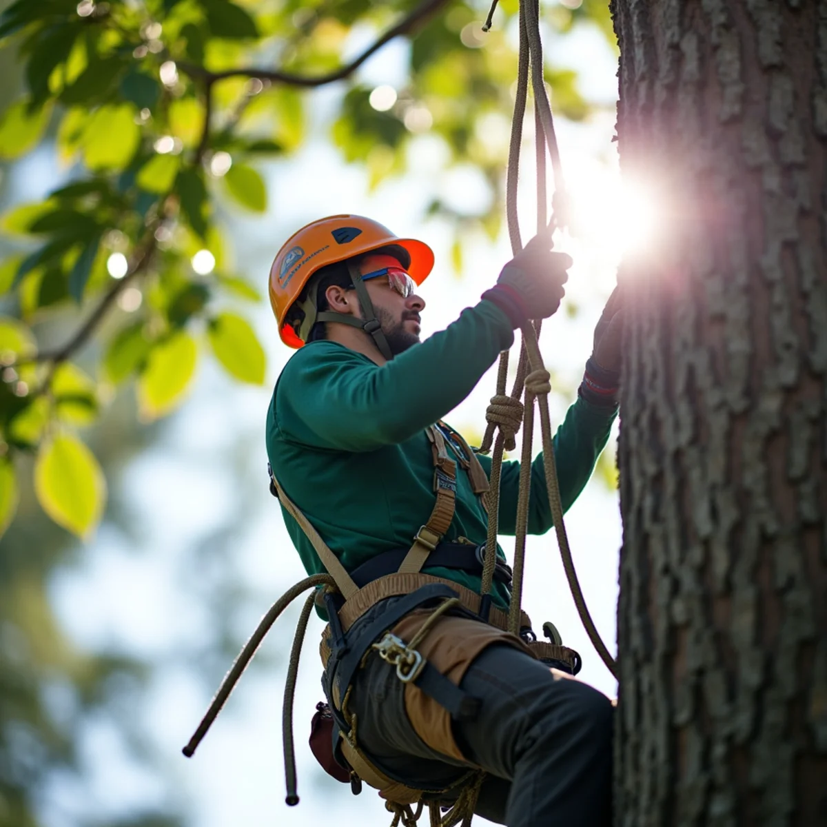 Climbing arborist performing precision rope rigging in Banner Elk, NC