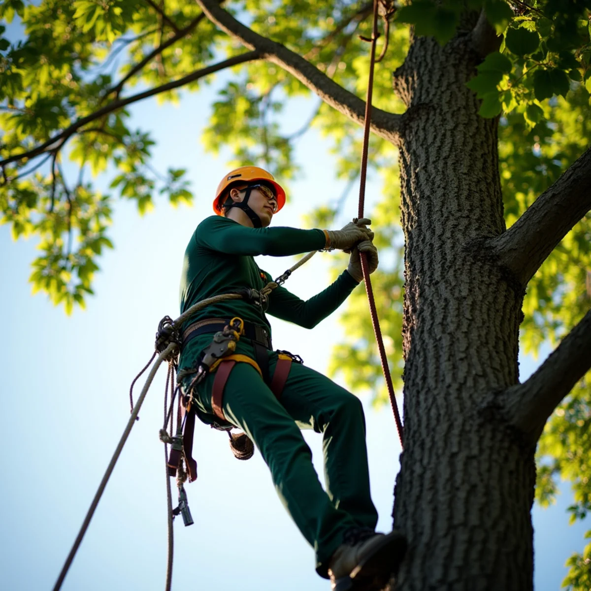 Climbing arborist performing precision rope rigging in Burke County, NC