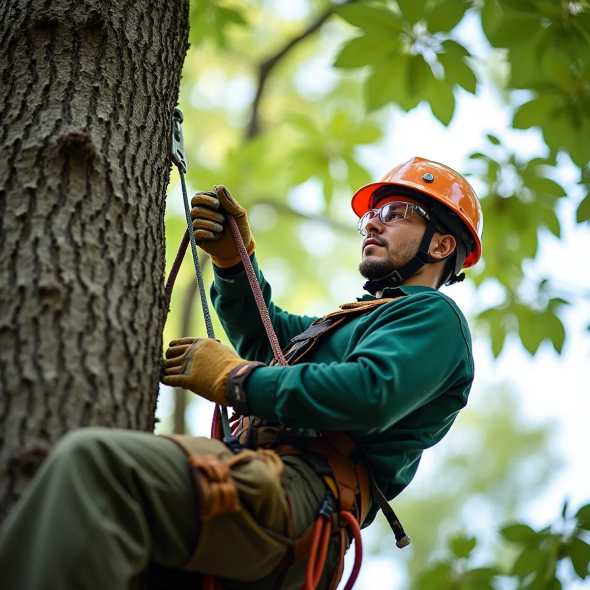 Climbing arborist performing precision rope rigging in Burnsville, NC