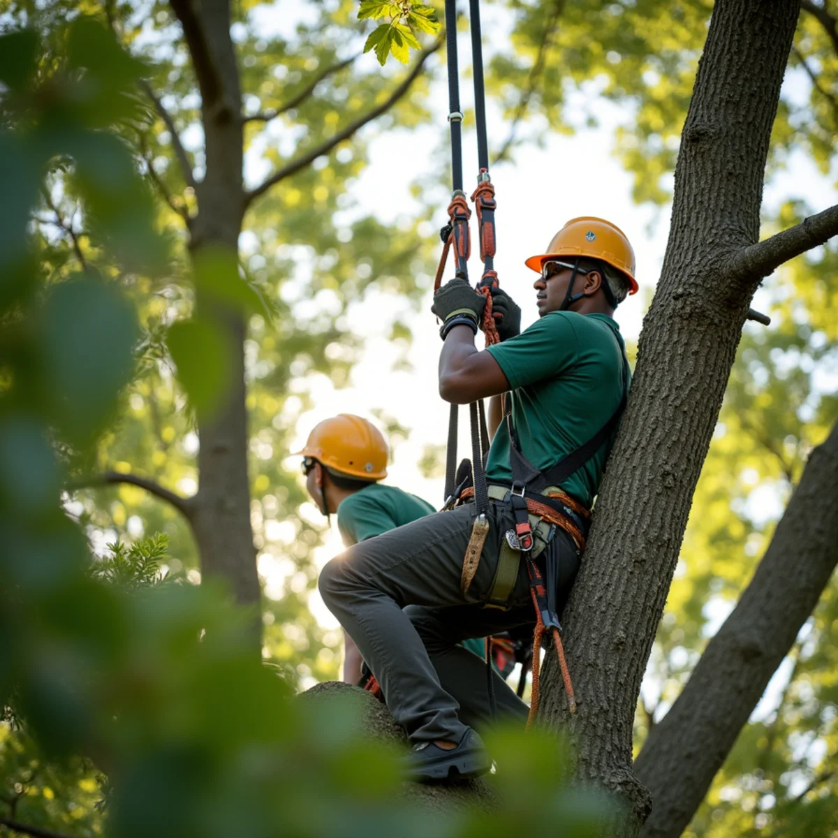 Climbing arborist performing precision rope rigging in Dallas, NC