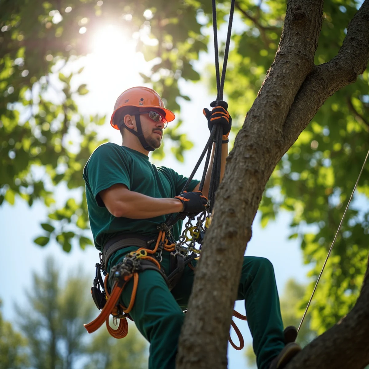 Climbing arborist performing precision rope rigging in Drexel, NC