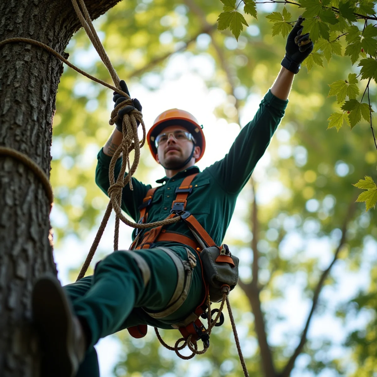 Climbing arborist performing precision rope rigging in Fletcher, NC