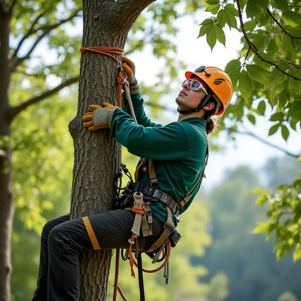 Climbing arborist performing precision rope rigging in Glen Alpine, NC