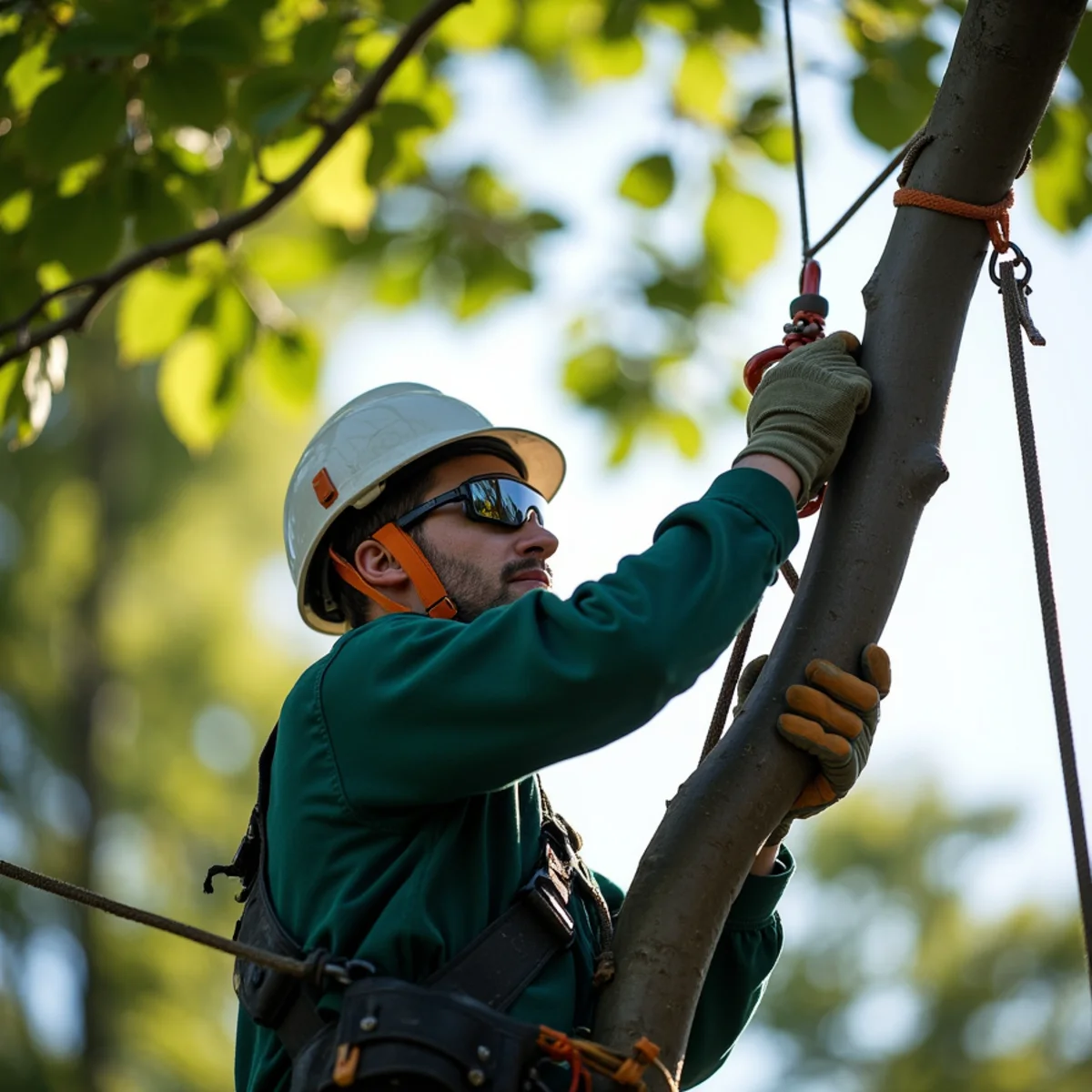 Climbing arborist performing precision rope rigging in Salem, NC