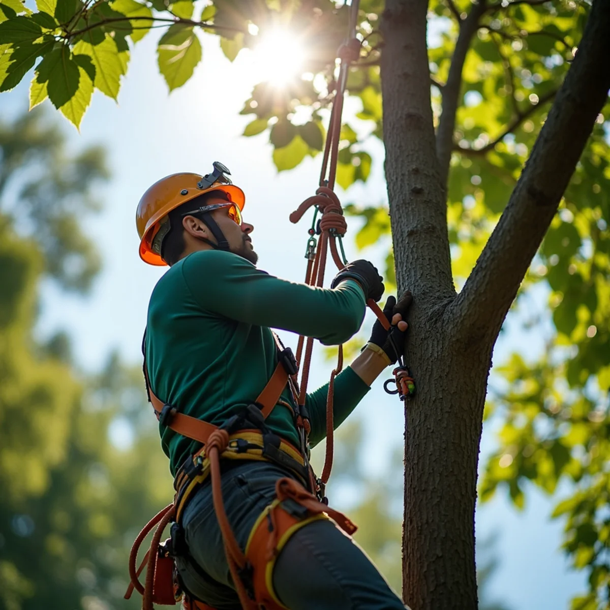 Climbing arborist performing precision rope rigging in Sawmills, NC