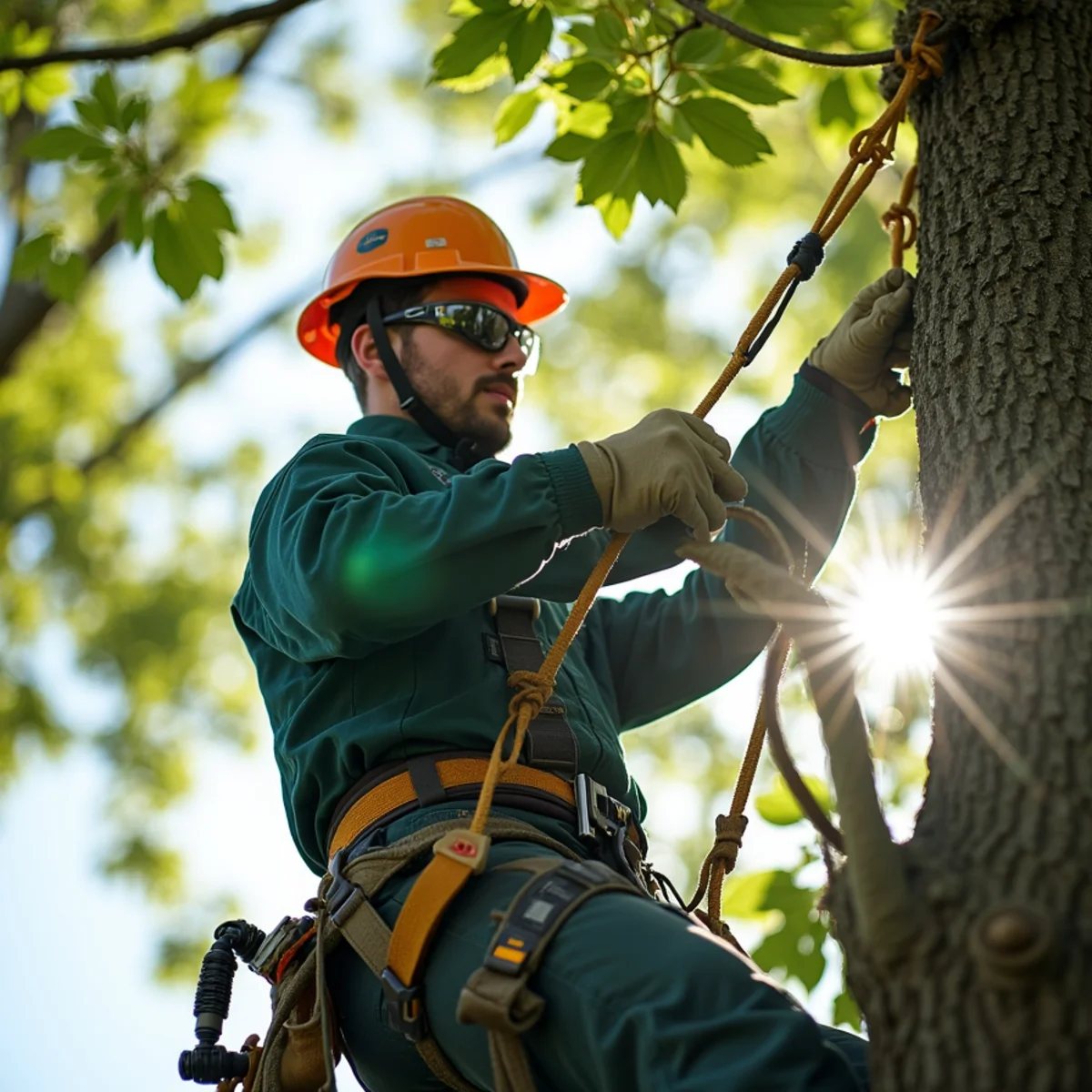 Climbing arborist performing precision rope rigging in Valdese, NC