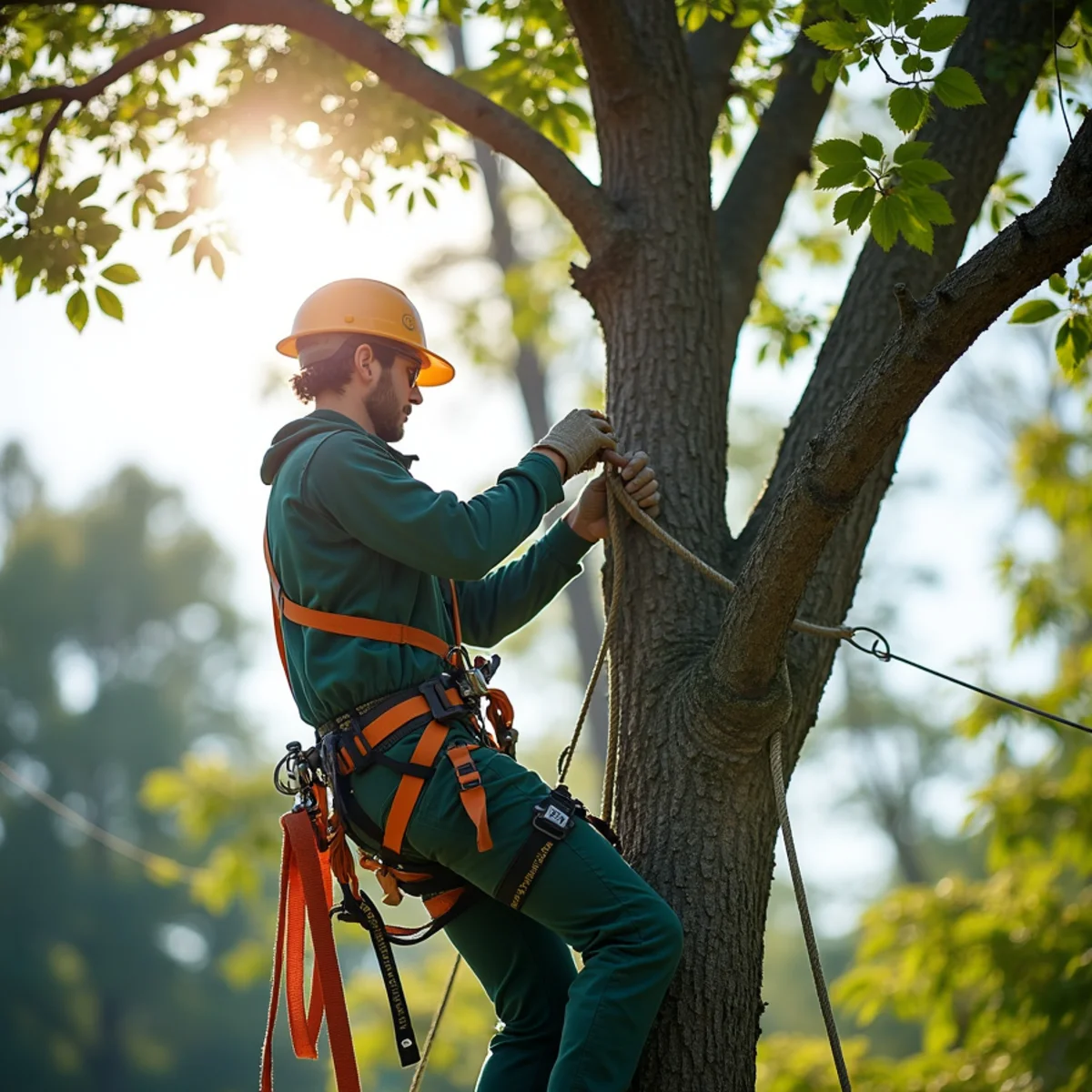 Climbing arborist performing precision rope rigging in Westport, NC